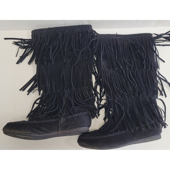 Hotcakes Faux Leather Suede Black Fringed Moccasins Women's Sz 6M - Picture 1 of 13